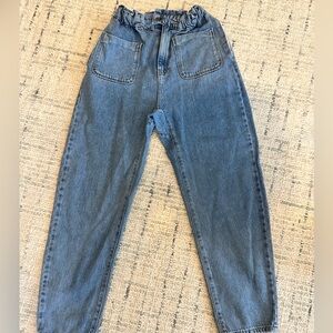Zara Blue Light-Med Wash Denim High Rise Baggy Paperbag Tapered Hems Jeans Sz 2